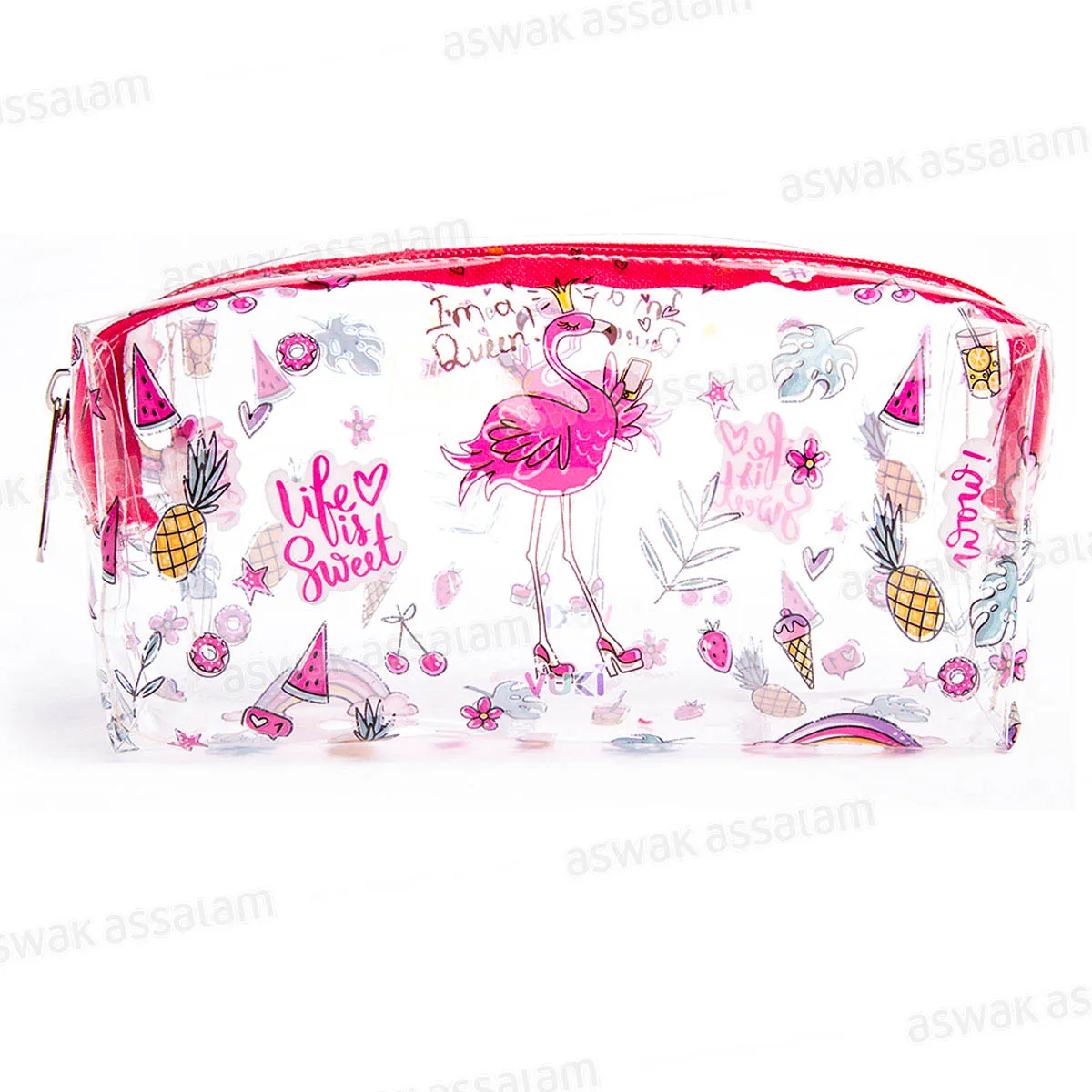 TROUSSE A CRAYONS A FERMETURE ECLAIR TRANSPARENTE MOTIF FLAMINGO 18,5*9*6CM VUKI