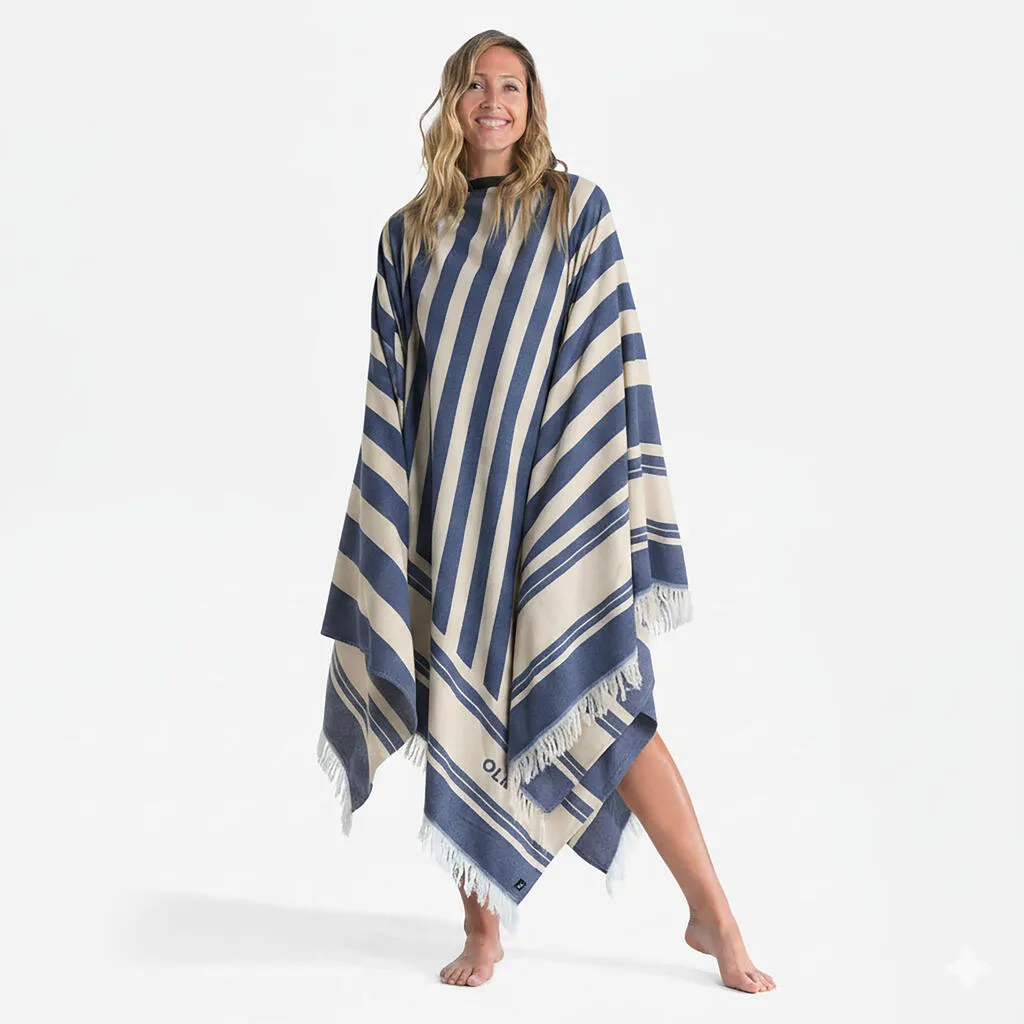 Serviette de plage poncho XXL 190 x 190 cm - transat bleu