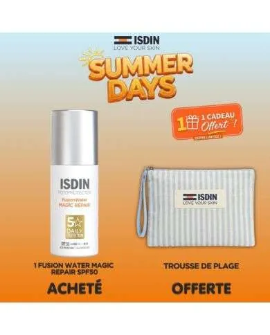 ISDIN OFFRE FOTOPROTECTOR FUSION WATER MAGIC REPAIR SPF50 50ML + TROUSSE DE PLAGE OFFERTE