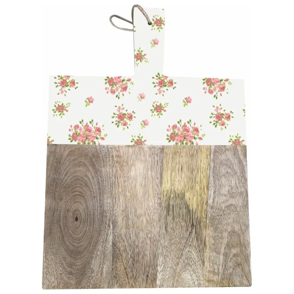 Planche à Servir Porcelaine et Bois Fleur Rose Kasa 40x29 cm